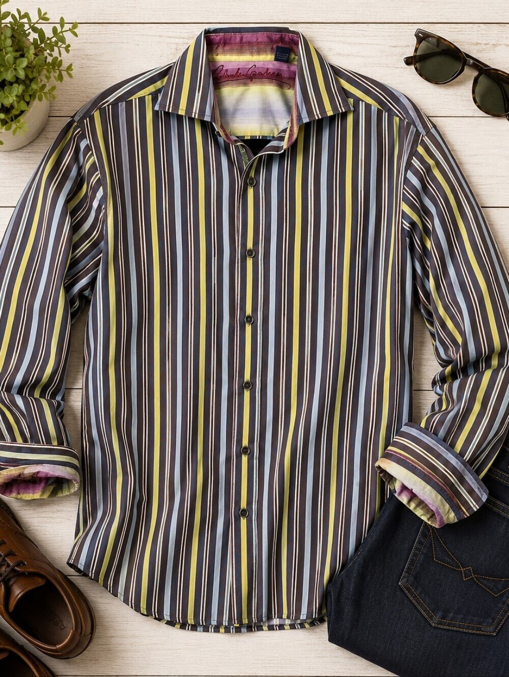 Robert Graham Flip Cuff Multicolored Striped Cotton L sleeve Shirt. Mens L